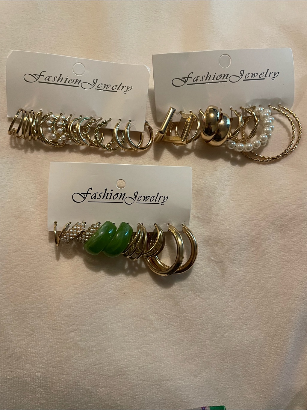 3 For $15fashion Jewelry Gold And Green Stackable Ring Trio With Pearl Accents